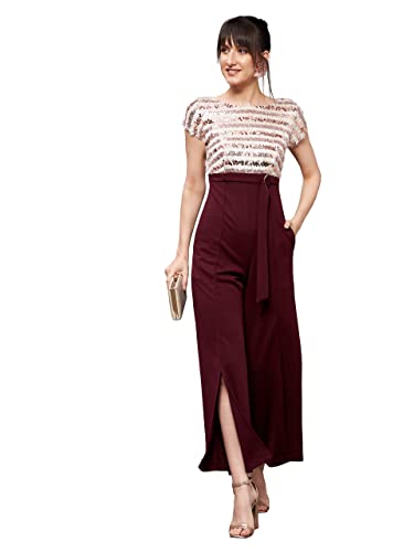 Image of Miss Chase Women's Halter Neck Sleeveless Solid Wide Leg Sequin Paneled Regular Length Jumpsuit