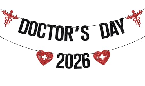 Doctor's Day 2026 Banner, Happy Doctor's Day Decorations, Thank You Doctor Decor, National Doctors Week Appreciation Party Decorations, Black and Red Glitter