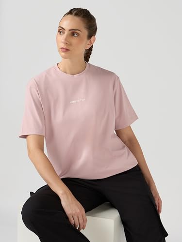 Image of TECHNOSPORT Women's Printed Boxy Fit Round Neck T-Shirt COTFLEX Half Sleeve Slip On Polyester for Gym Yoga Workout UPF50+ Anti Odour