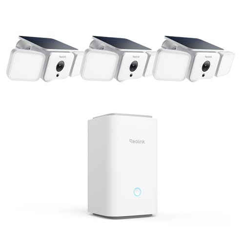 REOLINK Home Hub with 3xSolar Floodlight Cam, 2K 150° Security Cameras Wireless Outdoor, Up to 1000lm Light & Siren Alarm, AI/PIR Motion-Activated Floodlight, Color Night Vision, WiFi 6 2.4/