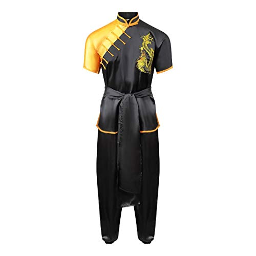 Uniforme Kung Fu en soie pour compétition, couleur noir et jaune, modèle à manches courtes