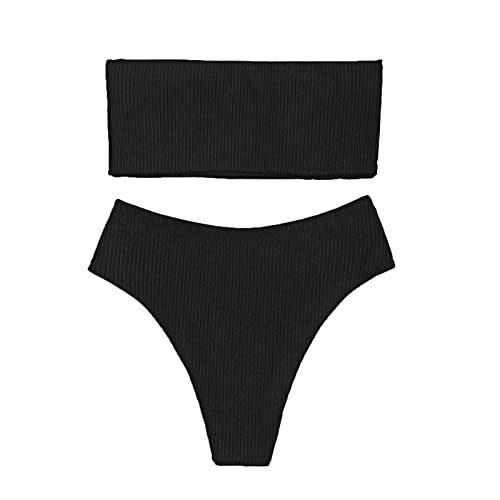 Bandeau High Waisted Bikini Swimsuit Set Women Spaghetti Strap Bottom Bikini Set Off Shoulder Bathing Suit 2 Piece, Black, S