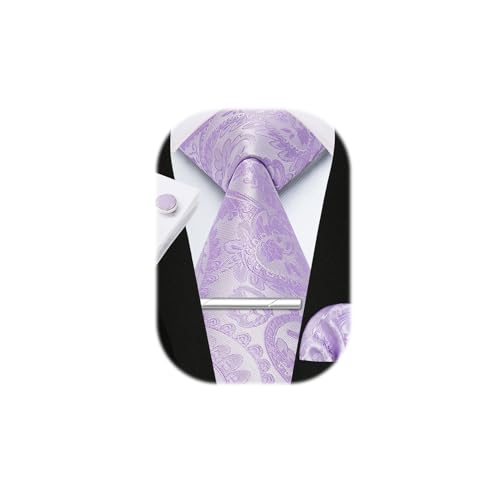 Enlision, Corbatas florales de cachemira de 8,5 cm para hombre, corbata formal de boda, clásica, floral, tejido jacquard, con gemelos, pañuelo de bolsillo y clip, morado claro, Taille unique