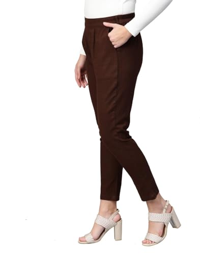 Image of Yash Gallery Women's Regular Fit Mid Rise Solid Cotton Slub Ankle Length Regular Trouser Pant