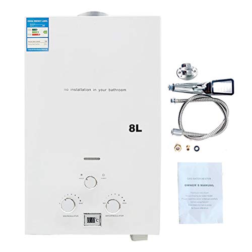 Cozyel Tragbarer Gas Durchlauferhitzer 8L 16KW Propangas Campingdusche für Dusche im Außenbereich Dusche Bad Warmwasser Camping Dusche LPG Warmwasserbereiter Warmwasser Tankless Instant, Weiß Cover