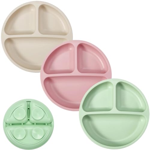 PandaEar Silicone Suction Plates for Toddlers - Set of 3 Divided Baby Feeding Plates Non-Slip Highchair Tray Fit BPA-Free Weaning Supplies Unbreakable & Portable (Light Green Pink Flax)