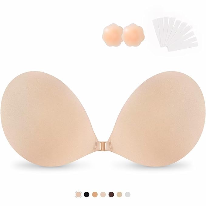 KANAKADHAR 1 Sticky Bras Push Up Adhesive Invisible Bra with 36 Strips Double Sided Tape for Clothes &1 Pair Reusable Nipple Cover for Women's & Girl's Backless Strapless Bra (Free Size, Skin,Beige)