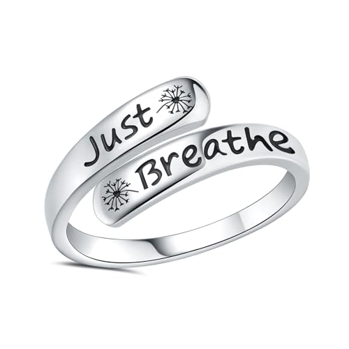 Dandelion Just Breathe Ring for Women 925 Sterling Silver Adjustable Hope Inspirational Jewelry Encouragement Gifts