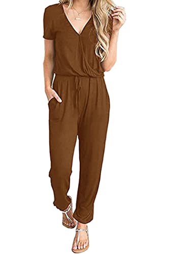 PRETTYGARDEN Jumpsuits for Women 2025 Spring Summer Casual Dressy Short Sleeve Romper Airport Vacation Travel Outfits (Light Brown,Medium)