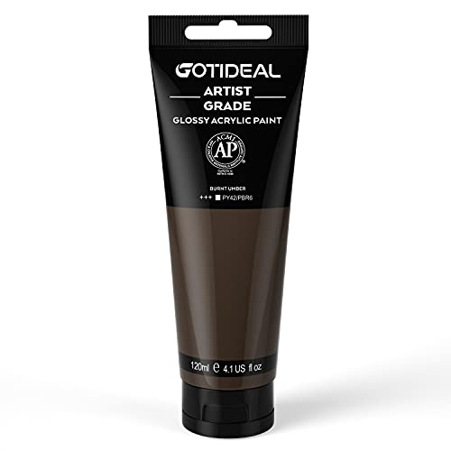 GOTIDEAL Acrylic Paint Burnt Umber Tubes(120ml 4.1 oz) Brown Paint Non Toxic Non Fading Rich Pigments for Painters Adults & Kids Ideal for Canvas Wood Clay Ceramic Craft Supplies (Burnt Umber)