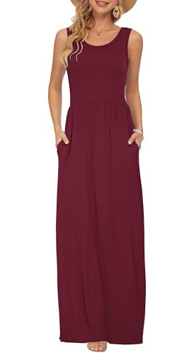 AUSELILY Summer Dresses for Women Casual Sleeveless Ladies Maxi Dress Long with Pockets Wine Red XL