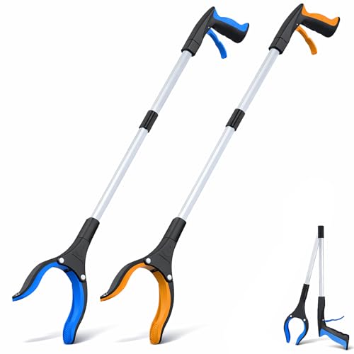 Image of Grabber Reacher Tool - 32 inch Extra Long Foldable Gripper and Reaching Tool - Heavy Duty Pick Up Stick Grabbers for Seniors, Trash, Surgery Recovery Must Haves Gifts (Blue+Orange 2P)