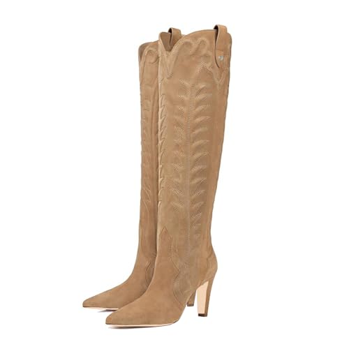Women's Embroidered Knee High Boots Suede Block High Heel Western Cowboy Long Booties Pointed Toe Pull On Riding Boots for Women Ladies Fahion Dress Tall Boots