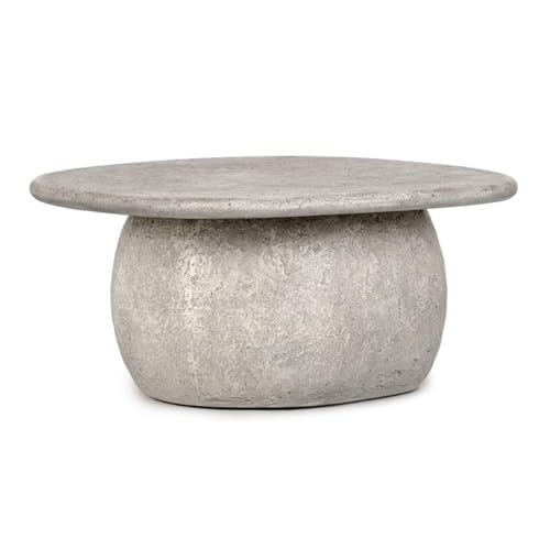 Pemberly Row 42-Inch Round Outdoor Coffee Table, Light Gray Concrete Stone, Plinth-Style Base, Smooth Finish, Durable Modern Industrial Design for Patio or Backyard Spaces