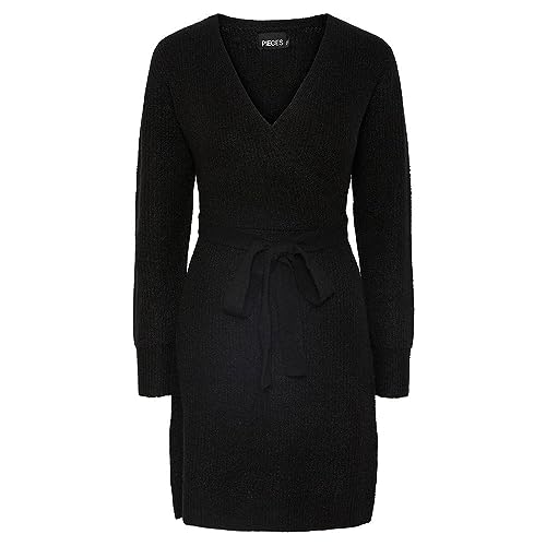 PIECES Damen Pcellen Ls Wrap Knit Dress Noos Bc, Schwarz, M