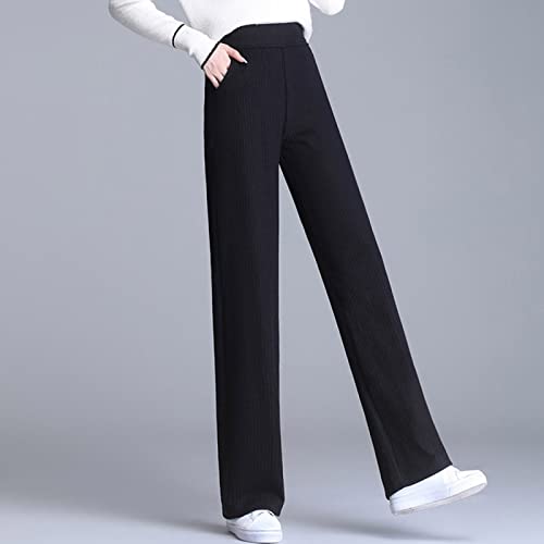 CBZOJBKPZDY Damen Strickhose - Herbst Und Winter Damen Kaschmir Hose Mit Weitem Bein Dicke Strickhose Retro Elastische Hohe Taille Lose Schwarze Gerade Hose Elegantes Lässig Outdoor,Schwarz Cover