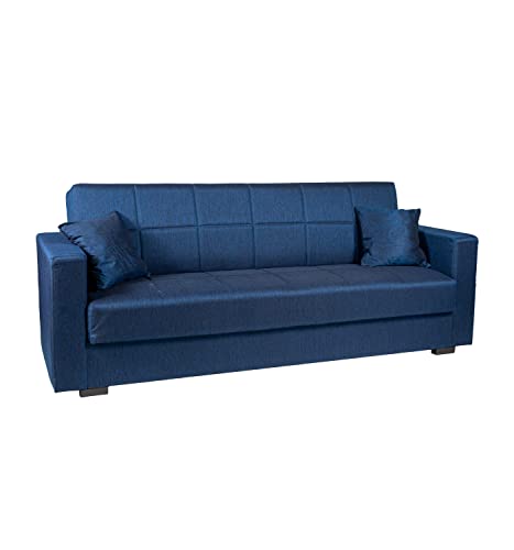 Divano letto due posti, rivestito in tessuto blu, giovane e moderno.