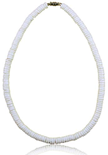 Native Treasure - 18 Inch Mens/Womens Smooth White Clam Shell Heishe Flat Cut Puka Shell Surfer Pooka Necklace/Choker - 5/16" Med Shells #TOP29