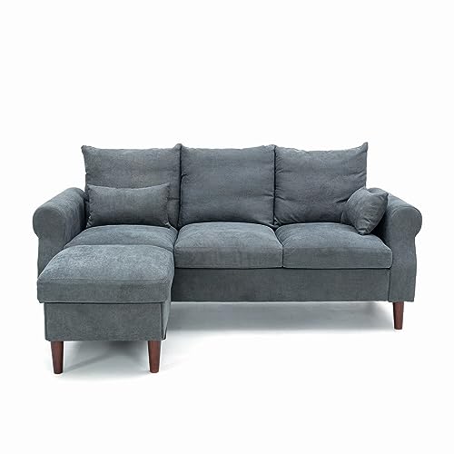 Panana Reversible 3 Seater with Footstool Sofa Couch for Small Apartment L Shape Sofa Couch 3-seat Sectional Corner Couch, Gray Linen Fabric