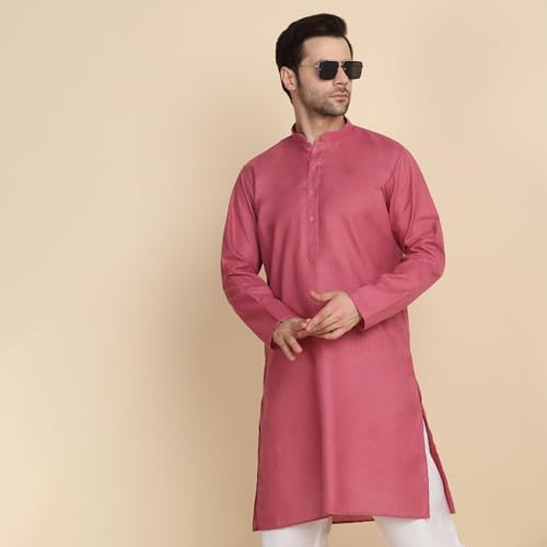 Image of KRAFT INDIA Men's Cotton Solid Kurta With Drawstring Pyjama Set