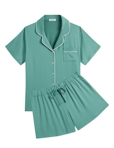 Ekouaer Womens Pajamas Set Soft Classic Notch Collar Bride Pjs Comfy Short Sleeve Sleepwear Loungewear,Gray Green,Medium