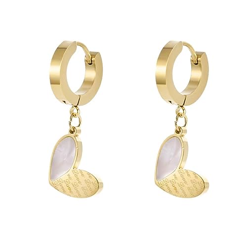 WOTZOV Pendientes de Acero Inoxidable con Colgante de corazón y Letras de Concha a la Moda, joyería navideña para Mujer, Pendientes Elegantes con Personalidad,Oro Acero Inoxidable
