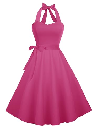 Hanpceirs Casual Sundress for Women Halter Retro Vintage Cocktail Dresses 2026 Summer Dress Hot Pink L