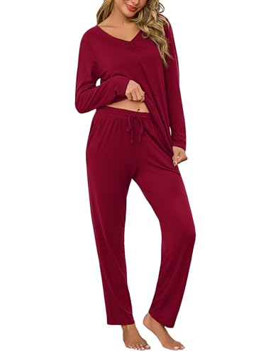 Bresdk Schlafanzug Damen Lang Baumwolle Pyjama Winter Langarm Loungewear Set Nachtwäsche V Ausschnitt, Weinrot, XL