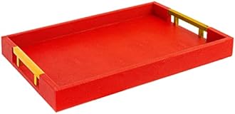 Modern Elegant 17.5"x12" Rectangle Red Shagreen Faux Leather Decorative Tray Ottoman Coffee Table Perfume Living Room Kitchen Serving Tray with Gold Polished Metal Handles by Home Redefined