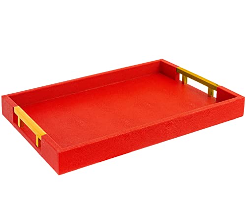 Modern Elegant 17.5"x12" Rectangle Red Shagreen Faux Leather Decorative Tray Ottoman Coffee Table Perfume Living Room Kitchen Serving Tray with Gold Polished Metal Handles by Home Redefined