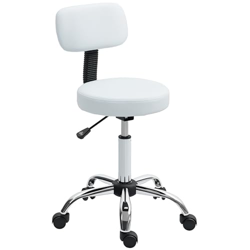 HOMCOM Height Adjustable Rolling Stool with Backrest, Salon Stool Chair with Wheels, Faux Leather Swivel Task Chair for Tattoo, Massage, Facial, Spa, Home Kitchen, White