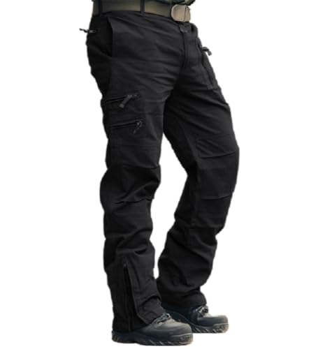 CRYSULLY Black Pants for Men - Casual Tactical Cargo Pants with Cotton Stretch, Size 36