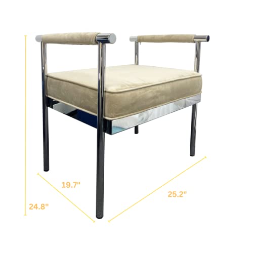 First Of A Kind Modern Champagne Seating Bench With Arms, Modern Style Velvet Upholstered Entry Way Champagne Bench With Silver Frame, Seating Bench For Living Room, Entryway, Bedroom, Vanity, Office. #TOP2