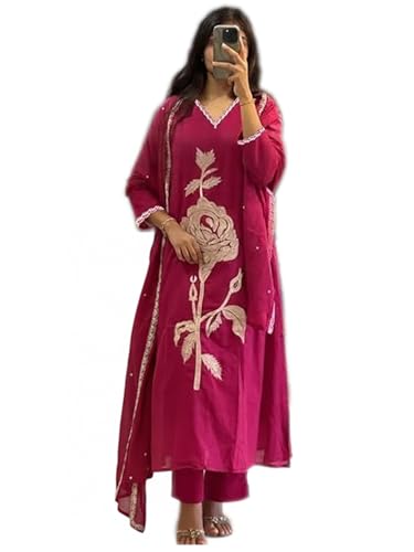 Image of ANNI Designer Women Rayon Viscose Straight Embroidered Kurta with Pant and Dupatta | 3 /4 Sleeve | V-Neck | Ethnic Kurta Set for Women