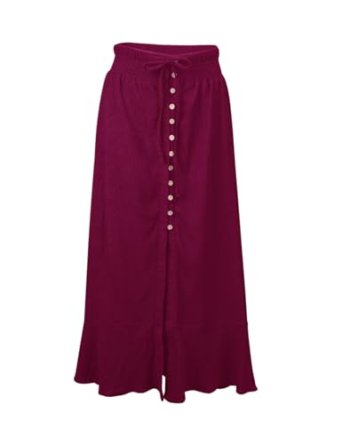 Image of Minclouse Women's Elastic Tie Waist Button Down Maxi Skirts Casual Loose Flowy Swing Slit Front Dress