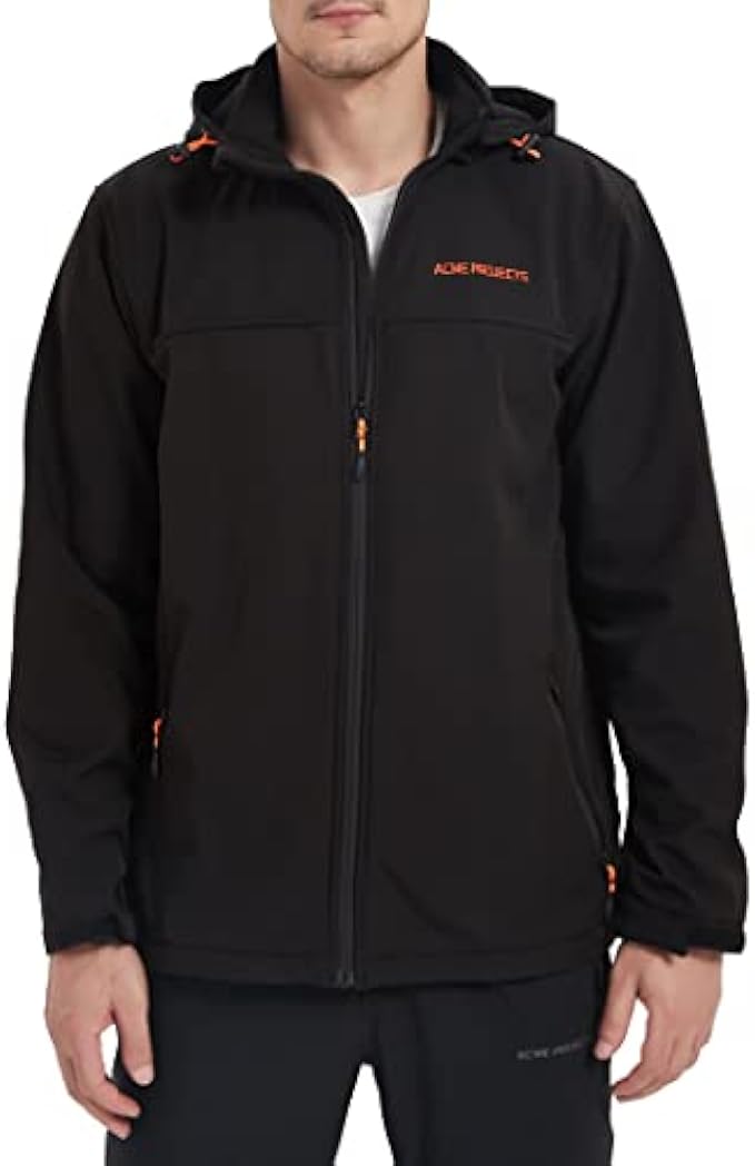 Acmelogy Men's Fleece Lined Softshell Jacket with Detachable Hood, Waterproof, Breathable, 8000mm/5000gm, YKK Zipper