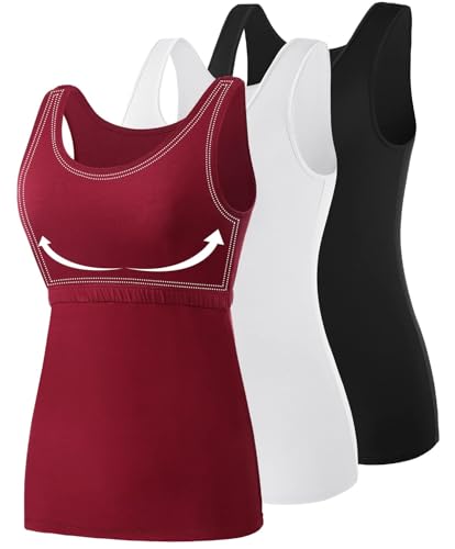 Image of AMVELOP Tank Tops for Women Built in Bra Cotton Shelf Bra Tanks Layering Undershirts 2-3 Pack