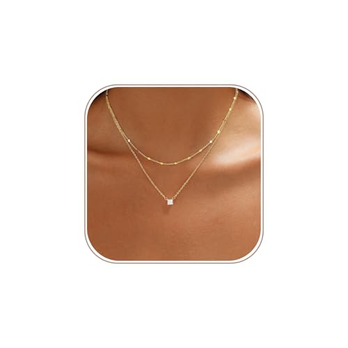 VIROMY Collier en Or Pour Femmes Collier à Pendentifs En Zirconium Plaqué Or 14k Superposé Chaîne Tour De Cou Chaîne De Perles Plates Bijoux Simples Et Délicats Pour Femmes