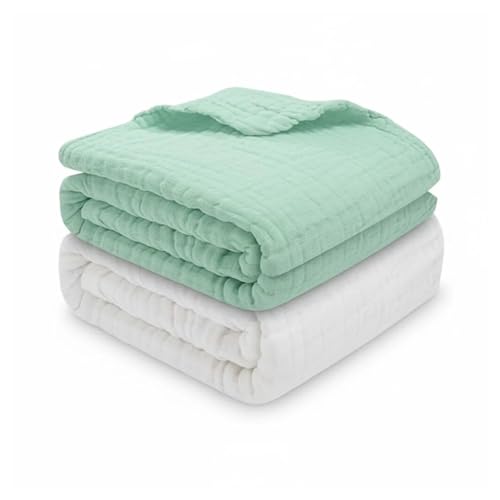 Image of Kassy Pop Muslin Cotton Bath Towel Cum Baby Swaddler - Pack of 2 | Extra Soft Towels for Newborn 0 to 3 Years l 100% Organic Cotton wash Towel | 105 X 105 cm (Green and White)
