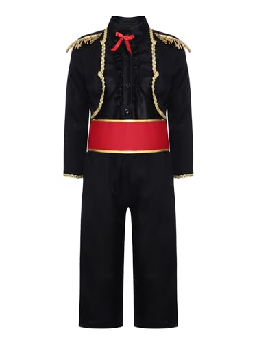 Jugaoge Costume Torero Espagnol Garçon Ensemble Flamenco Veste à Col Montant Manches Longues Pantalon et Ceinture Cosplay Carnaval Noir 5-7 Ans