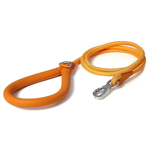 レザーハンドル 犬用リード 強化ナイロンロープ 中型・大型犬対応 ロングリード 快適グリップ 丈夫 散歩 トレーニング用 (オレンジ, 152cm)