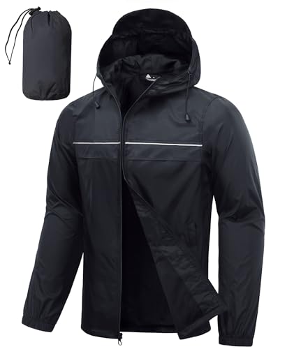 SWISSWELL Rain Jacket Men Waterproof Windbreaker Packable Lightweight Hooded Raincoat for Golf Cycling Hiking Black M