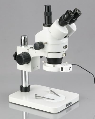 Image of AmScope SM-1TSZ-144S-3M Digital Professional Trinocular Stereo Zoom Microscope, WH10x Eyepieces, 3.5X-90X Magnification, 0.7X-4.5X Zoom Objective, 144-Bulb LED Ring Light, Pillar Stand, 110V-240V, Includes 0.5X and 2.0X Barlow Lenses and 3MP Camera with Reduction Lens and Software