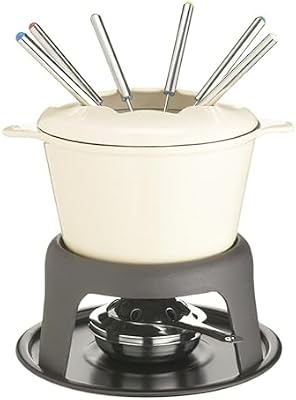 MasterClass Set de fondue de hierro fundido, olla de fondue con 6 tenedores y cuenco de hierro fundido esmaltado, retención superior del calor y quemador ajustable, en caja de regalo, crema, 21x18cm