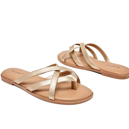 Image of Luoika Women's Wide Width Flat Sandals, Flip Flop Slides Sandal Casual Strapy Sandal Slip on Summer Beach Shoes for Women.