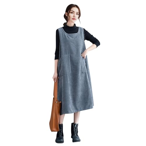 LAEMILIA Cord Dresses for Women UK Ladies Corduroy Pinafore Dress Oversized Sleeveless Dresses with Pockets Cute Fall Winter Spring Plus Size Clothing M-XXL/UK 8-18 Grey
