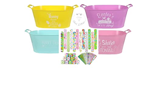 VE Easter Plastic Oval Bucket Containers with Handles. Each Bucket Have a Different Wording Comes with It's Very own Personalized VE Drawstring Bag; Easter Slap On Bracelet!