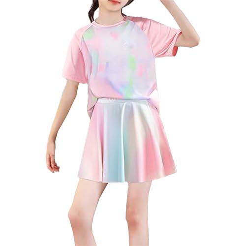 Betusline Girl's Ombre Tennis Skirts Set, Quick Dry Athletic T Shirt and Skirt Outfit, 3-12 Years