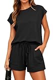 Timuspo Damen Zweiteiler Sommer Schlichtes Lockere Hausanzug Einfarbig Loungewear Set Flügelärmel Sportset mit Elastischem Bund Gym Outfit Schwarz L