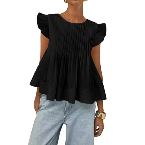 Women's Summer Blouse Ruffled Sleeves Pleated A Line Peplum Babydoll Shirt Top